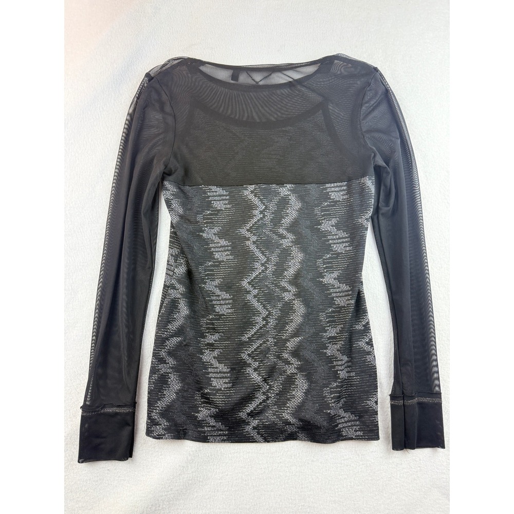 BKE Boutique Long Sleeve Mesh Top Black Silver Geometric Pattern Party - Picture 8 of 10